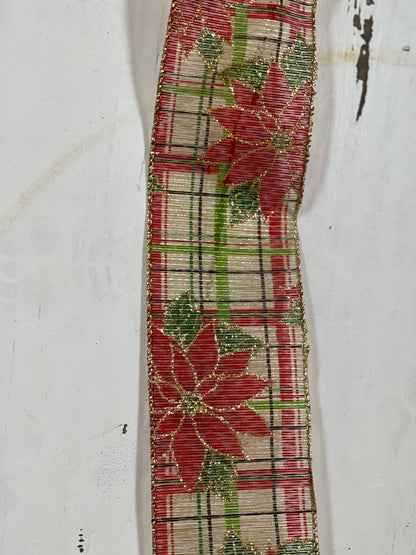 Christmas Plaid With Red Poinsettia 2.5 Inch Wired Ribbon
