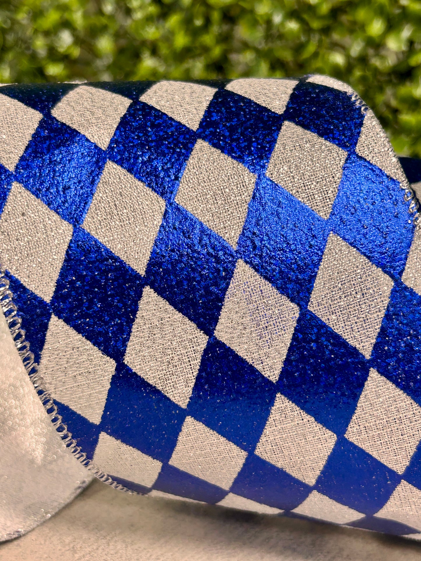 4 Inch By 10 Yard Royal Blue And Silver Harlequin Diamond Glimmer Deluxe Ribbon