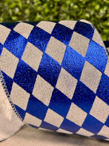 4 Inch By 10 Yard Royal Blue And Silver Harlequin Diamond Glimmer Deluxe Ribbon