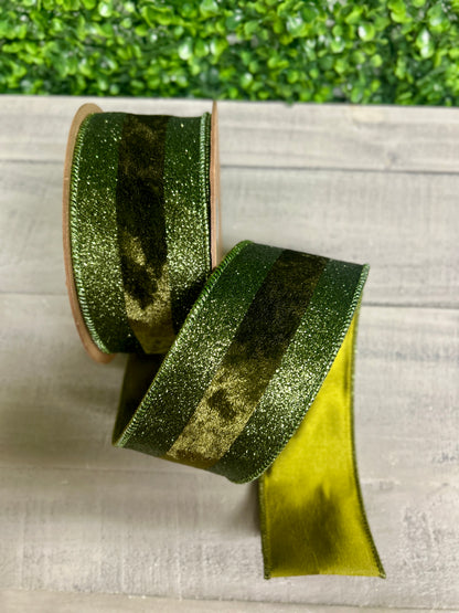 2.5 Inch By 10 Yard Dark Green With Glitter Velvet Stripe Ribbon