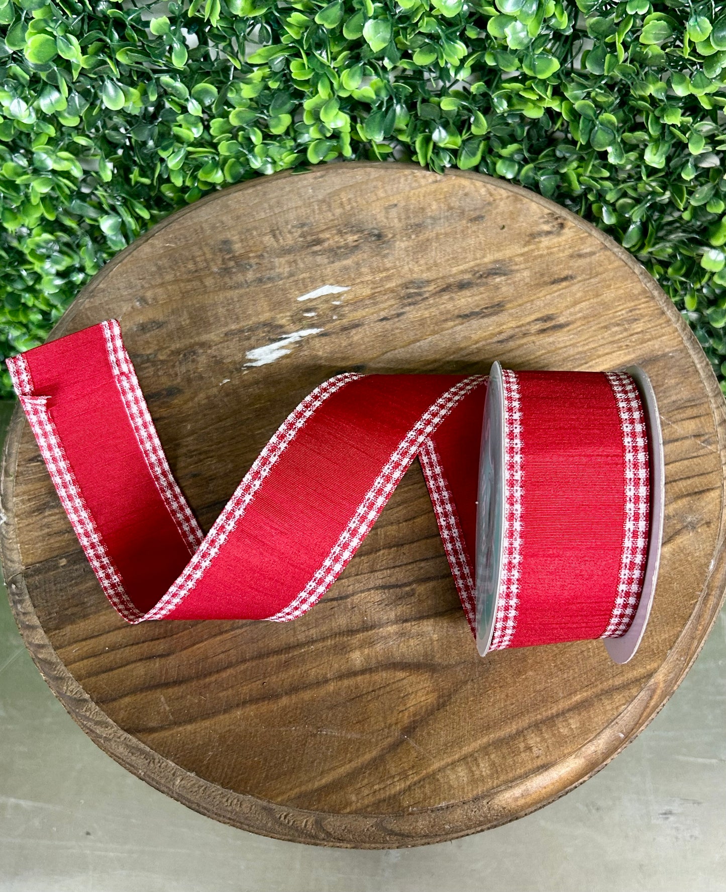 1.5 Inch By 10 Yard Red And White Faux Dupioni Mini Gingham Edge Ribbon
