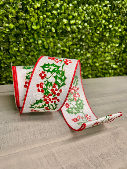 2.5 Inch By 10 Yard Holly Berries In Snow Ribbon