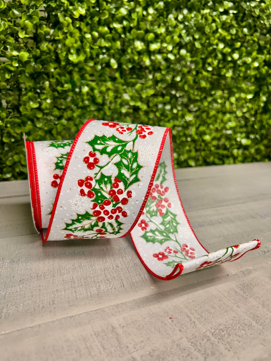 2.5 Inch By 10 Yard Holly Berries In Snow Ribbon