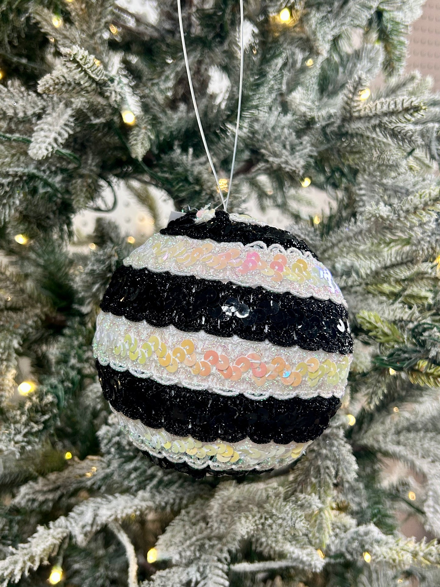 5 Inch Black And White Sequin Lace Ball Ornament