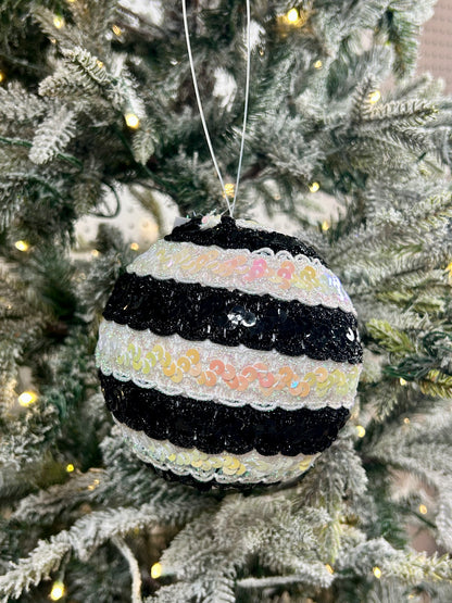 5 Inch Black And White Sequin Lace Ball Ornament