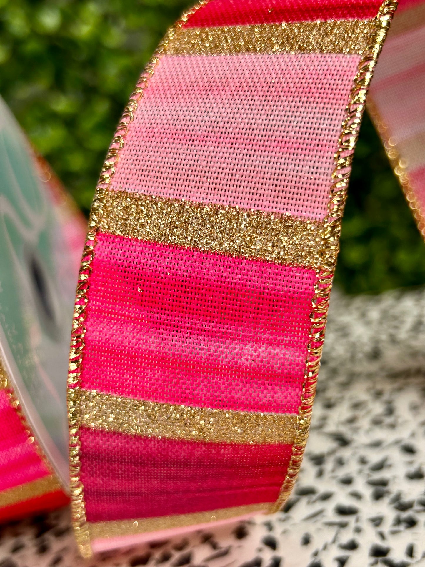 1.5 Inch By 10 Yard Pink Fuchsia Maroon And Gold Watercolor Stripes Ribbon