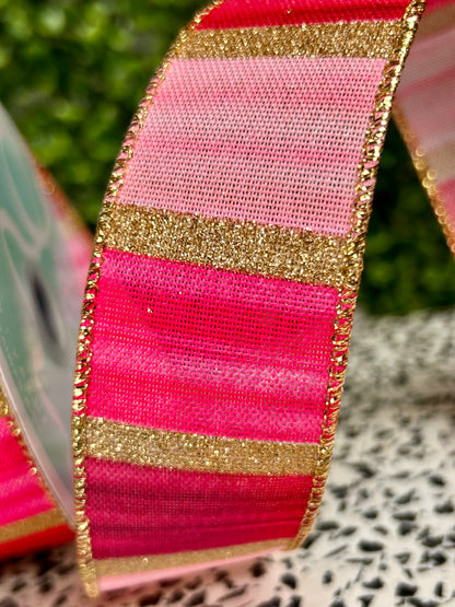 1.5 Inch By 10 Yard Pink Fuchsia Maroon And Gold Watercolor Stripes Ribbon