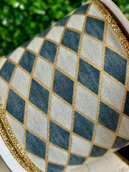 4 Inch By 10 Yard Cream Gold Grey And Black Antique Harlequin Fused Ribbon
