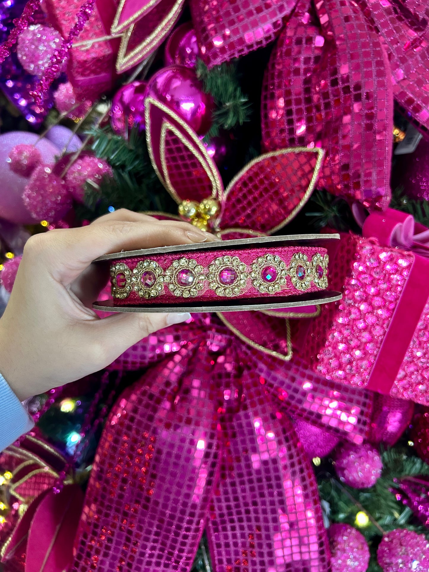 1 Inch By 5 Yards Hot Pink And Gold Jewel Floral Metallic Dupioni Ribbon