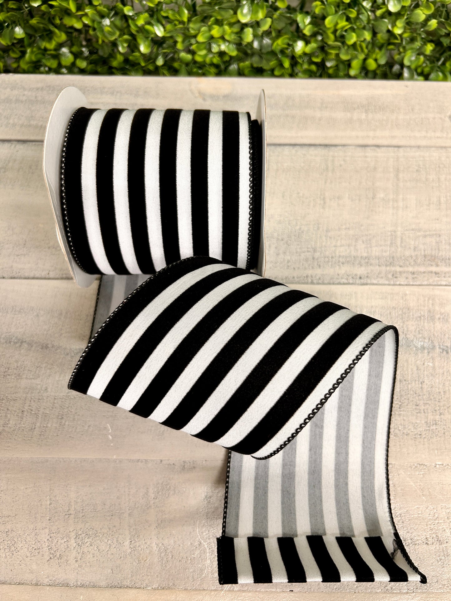 4 Inch By 10 Yard Black And White Flocked Cabana Stripes Ribbon