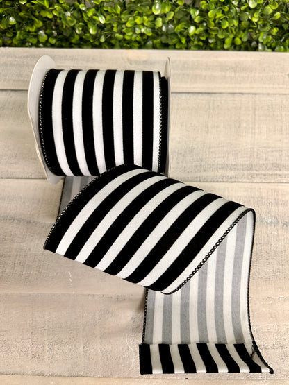4 Inch By 10 Yard Black And White Flocked Cabana Stripes Ribbon