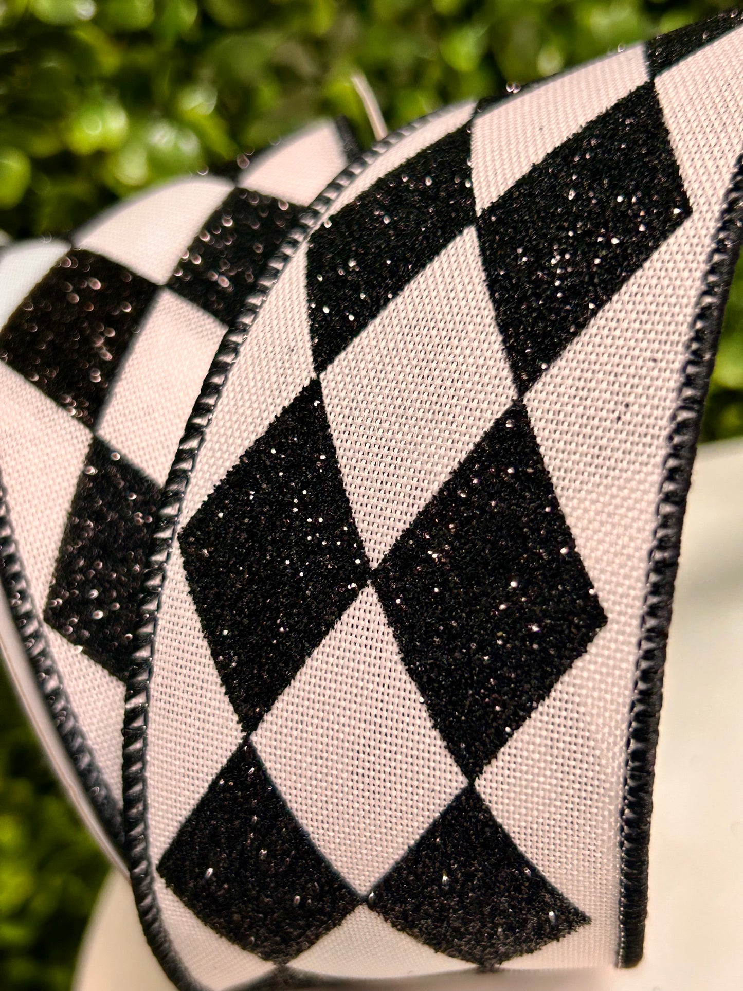 2 Inch By 10 Yard Black And White Glitter Harlequin Glitter Check Ribbon