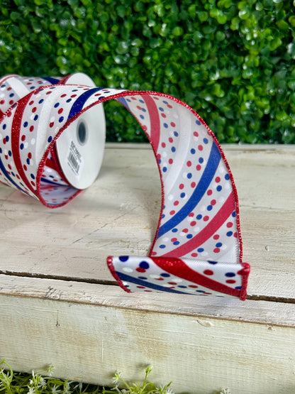 2.5 Inch By 10 Yard Red White And Royal Blue Glitter Stripe With Confetti Dots Ribbon