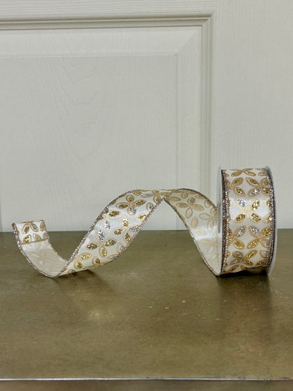 1.5 Inch By 10 Yard Silver And Gold Glitter Petals On Ivory Background Ribbon