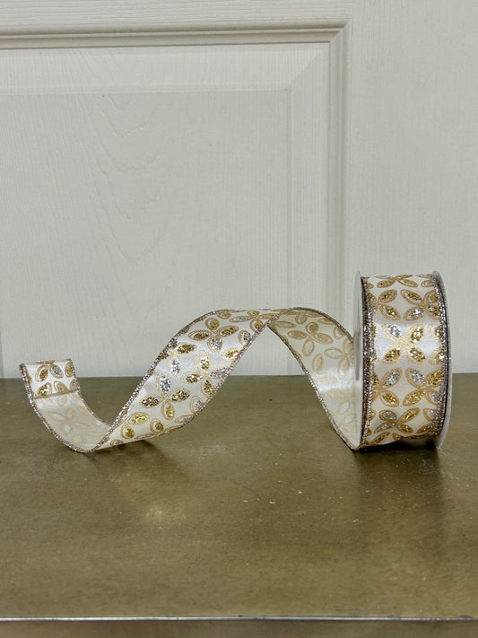 1.5 Inch By 10 Yard Silver And Gold Glitter Petals On Ivory Background Ribbon