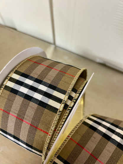 2.5 Inch By 10 Yard Burberry Black And Tan Plaid With Gold Back Ribbon