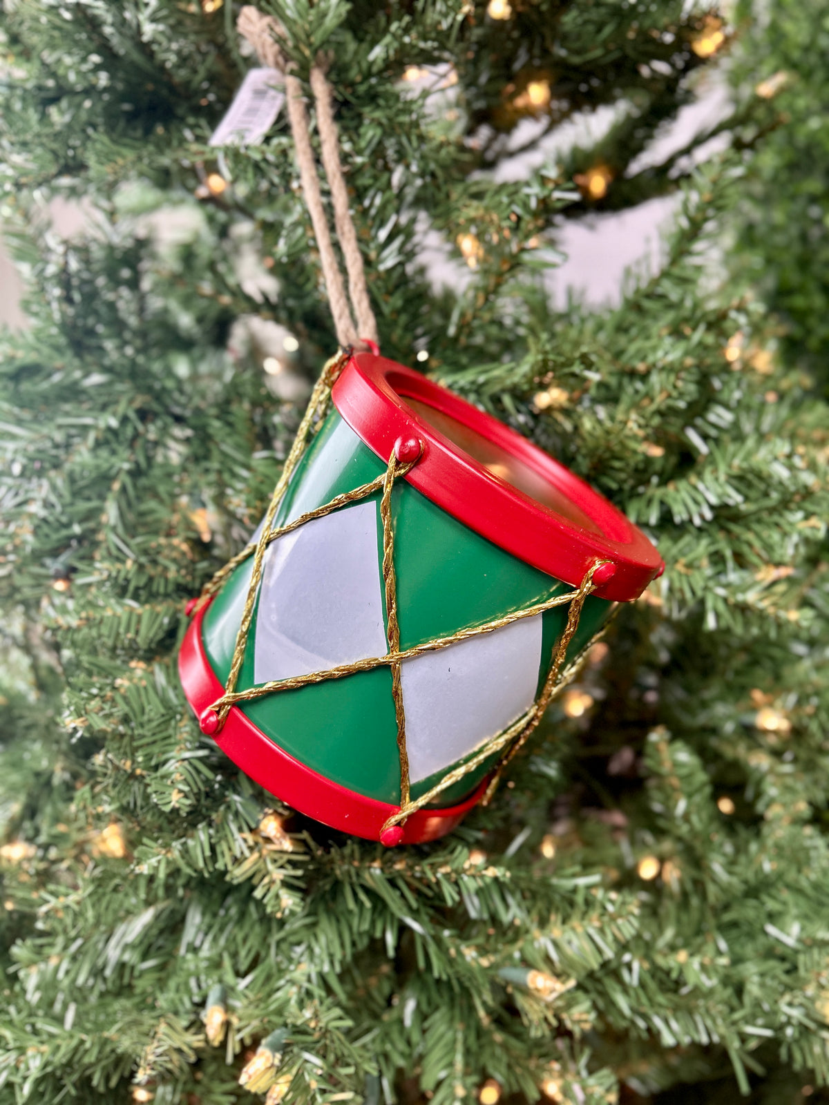 6 Inch Red Green And White Drum Ornament
