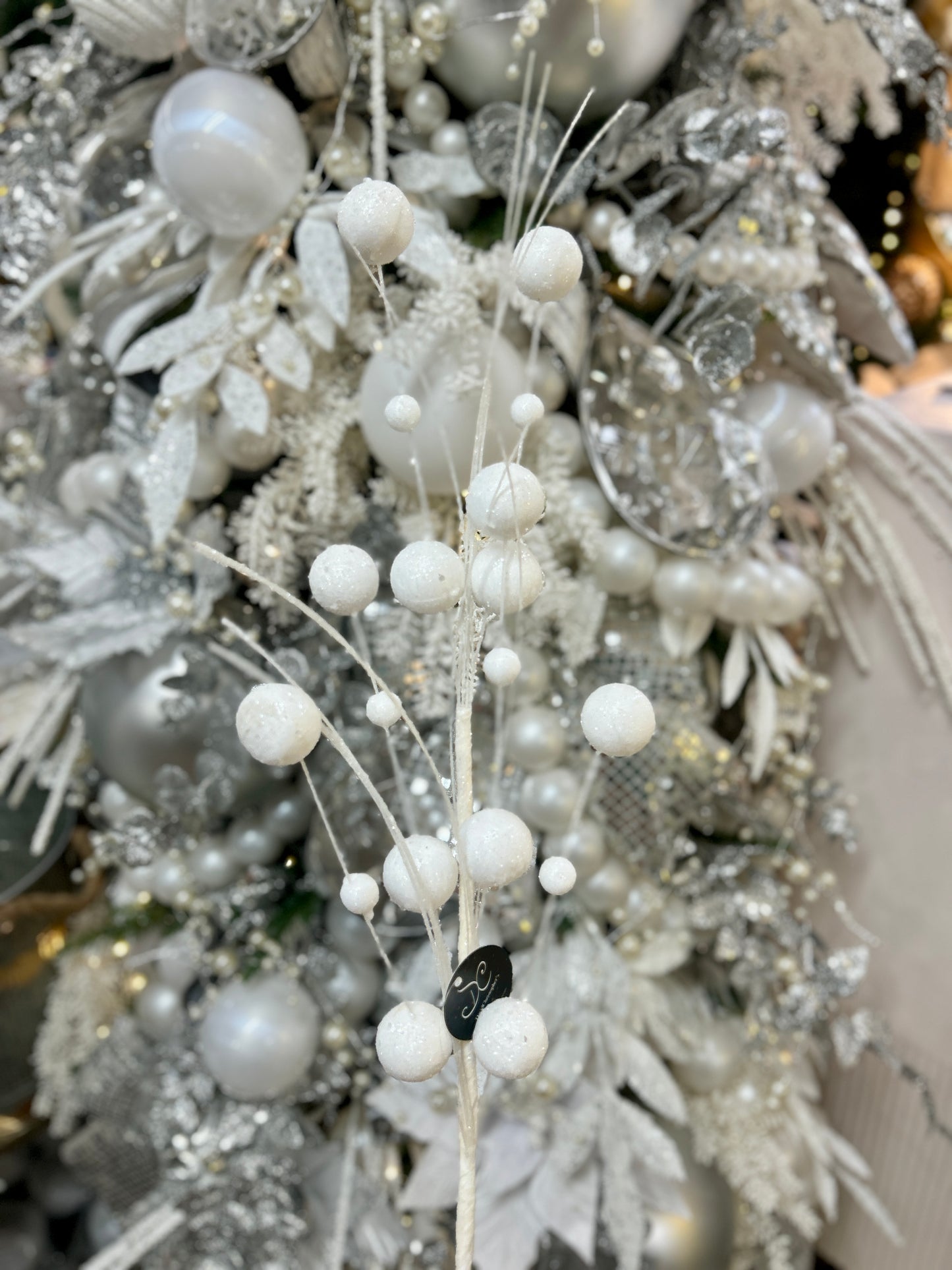 27 Inch White Mixed Size Glittered Ball Spray