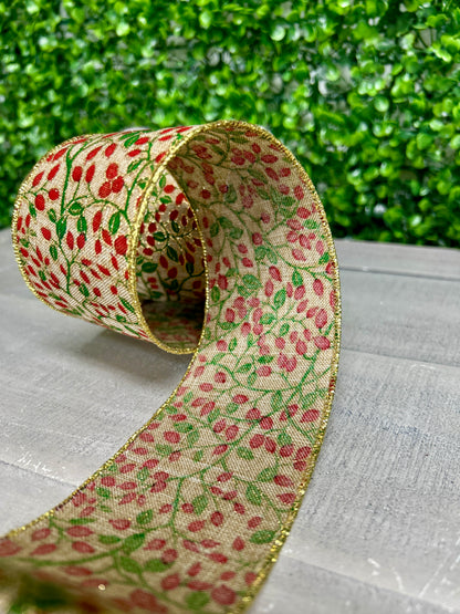 2.5 Inch By 10 Yard Beige Mini Berries And Vines On Royal Ribbon