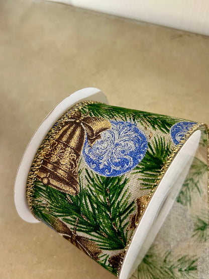 2.5 Inch By 10 Yard Gold Burnished Bells And Dusty Blue Ornaments On Natural Linen Ribbon