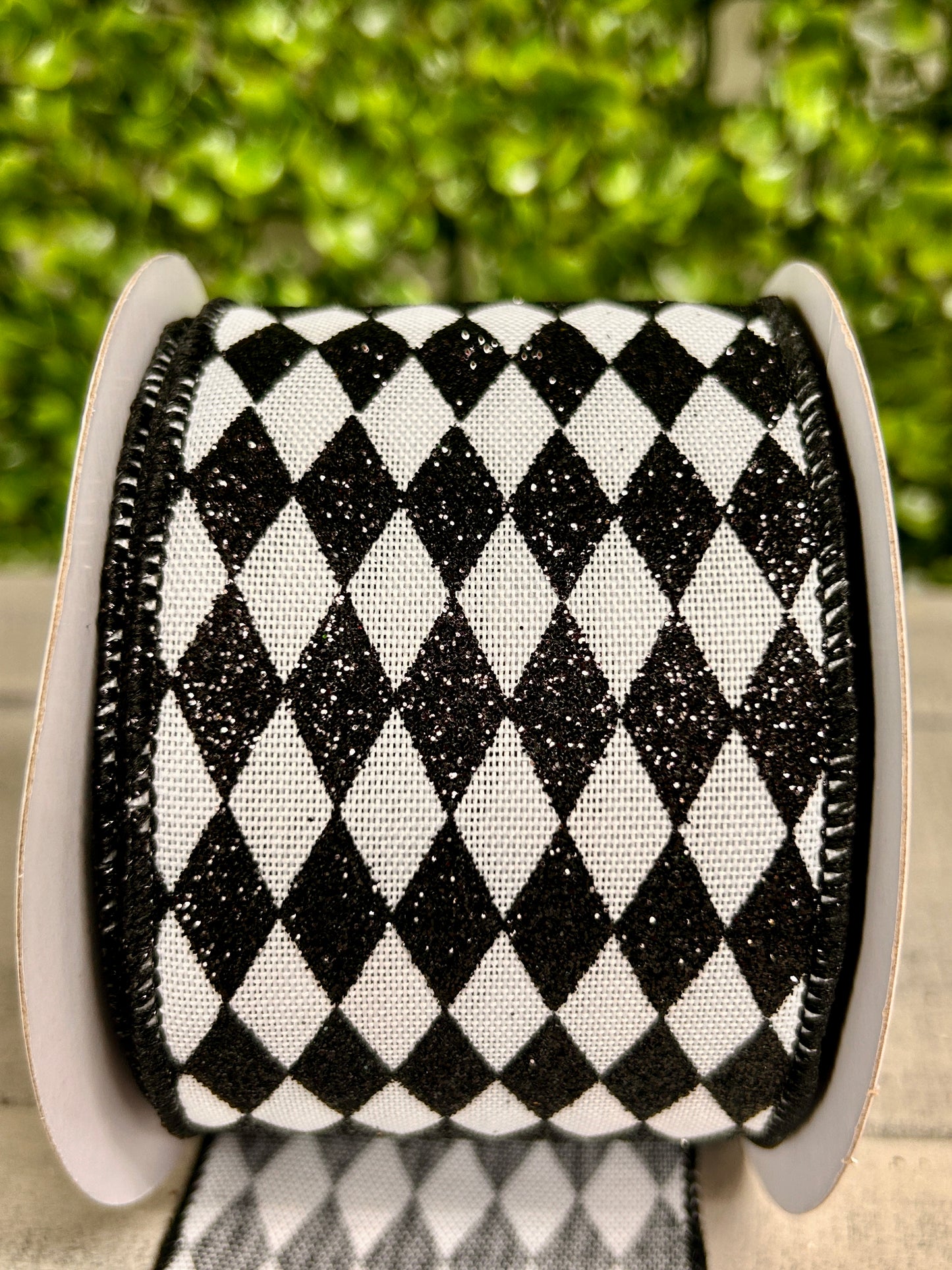 2.5 Inch By 10 Yard Black And White Glitter Harlequin Ribbon