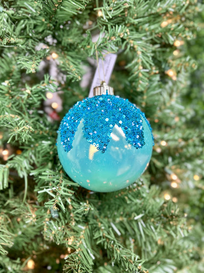 5 Inch Blue Iridescent Ornament Ball With Glitter