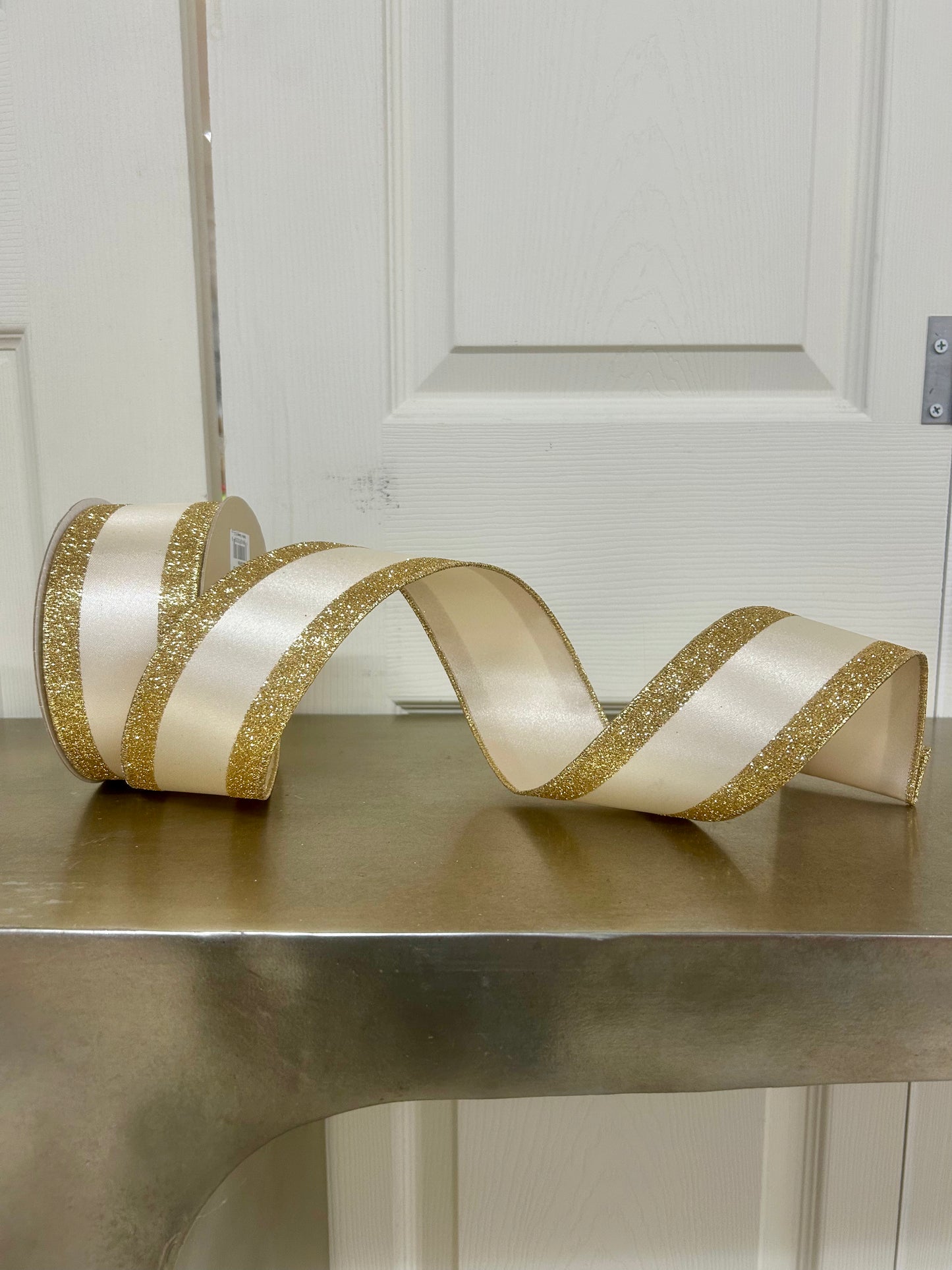 2.5 Inch By 10 Yard Ivory And Gold Vertical Glitter Stripe Sewn Ribbon