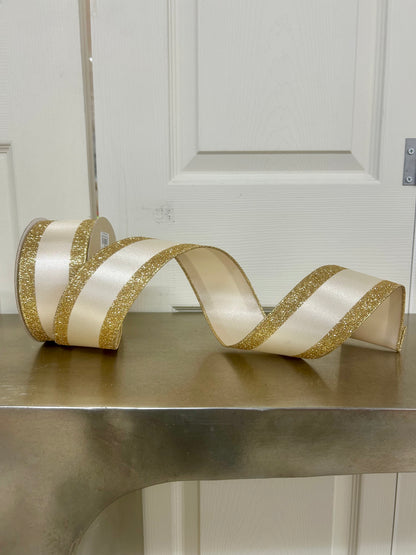 2.5 Inch By 10 Yard Ivory And Gold Vertical Glitter Stripe Sewn Ribbon