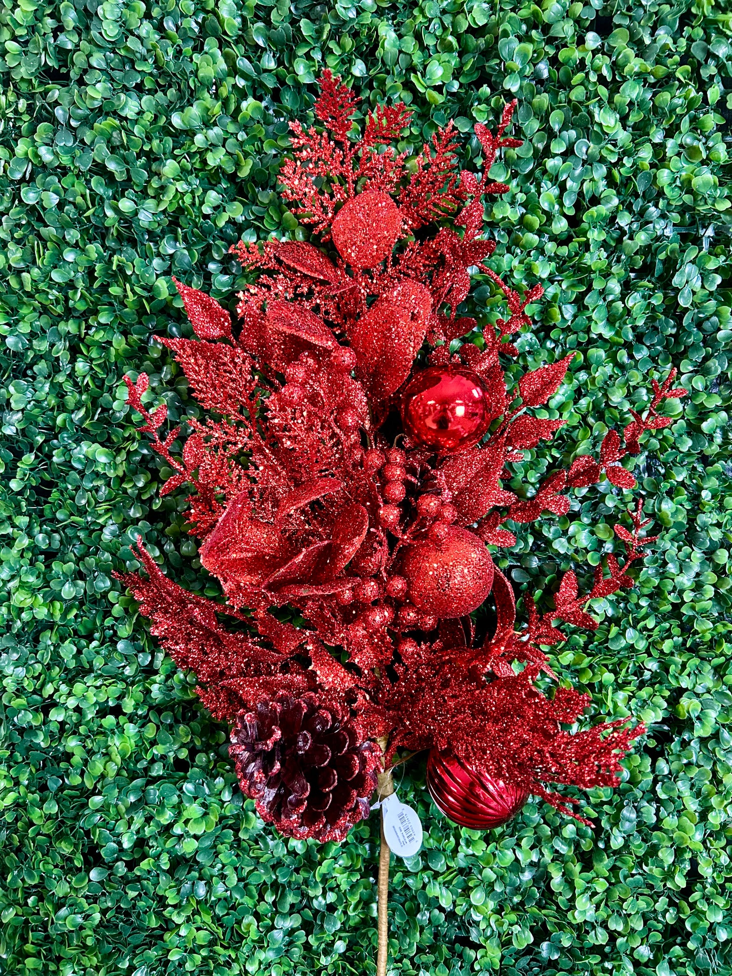 32 Inch Red Glitter Leaf Berry And Cone Spray