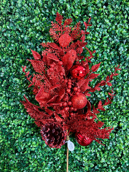 32 Inch Red Glitter Leaf Berry And Cone Spray