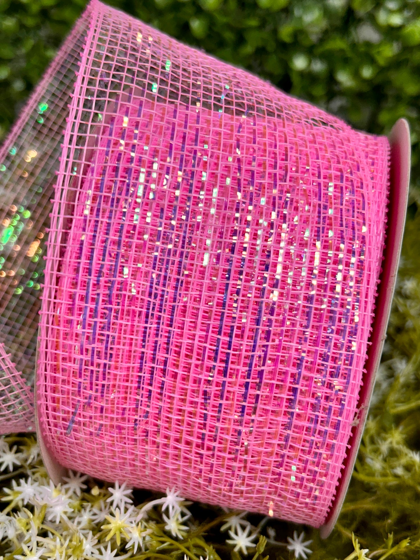 3 Inch By 20 Yards Pink Designer Netting With Iridescent Pink Glamour