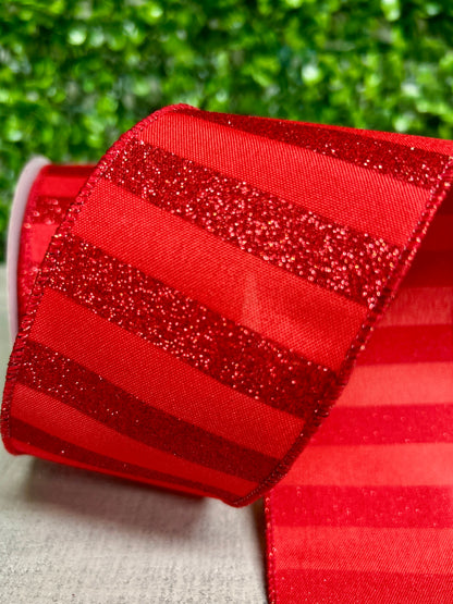 2.5 Inch By 10 Yard Red Horizontal Glitter Stripe Ribbon