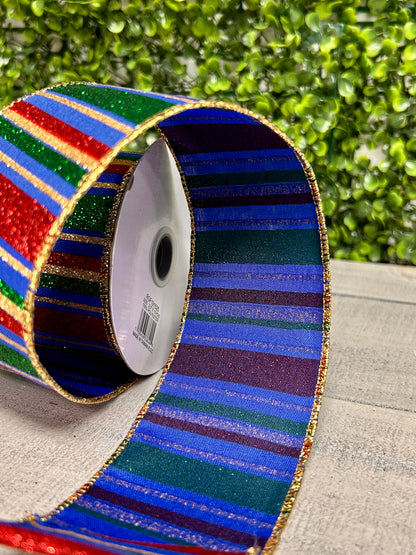 2.5 Inch By 10 Yard Royal Blue Red And Emerald Horizontal Stripe Ribbon