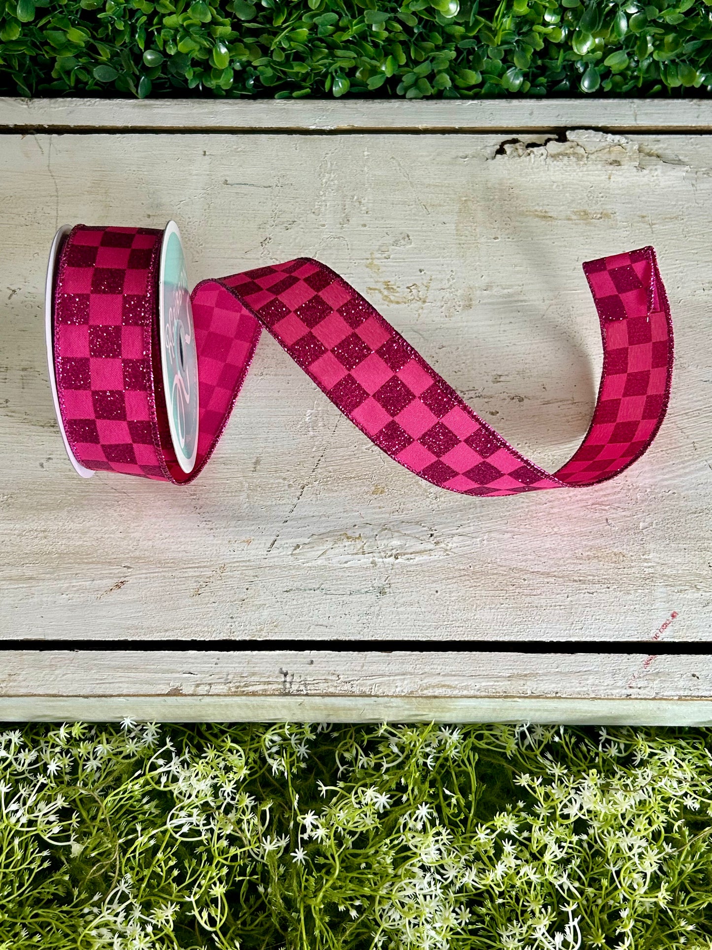 1.5 Inch By 10 Yard Hot Pink Glitter Check Ribbon