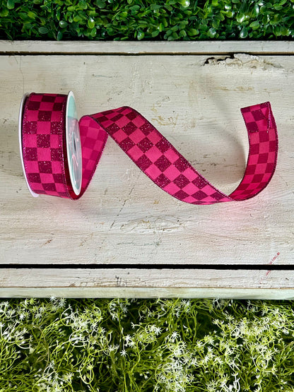 1.5 Inch By 10 Yard Hot Pink Glitter Check Ribbon