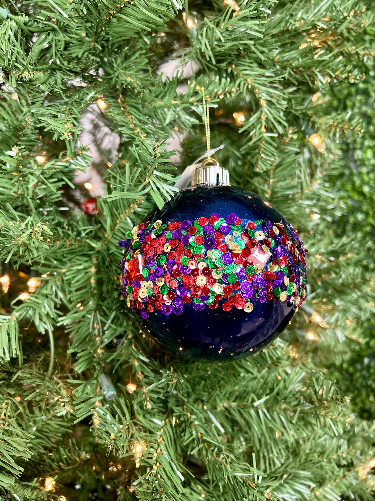 5 Inch Dark Blue Diamond And Sequin Ornament Ball