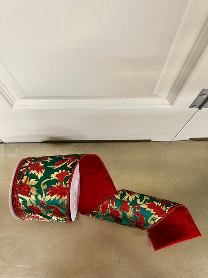 4 Inch By 10 Yard Gold Glitter Print Leaf Pattern On Dark Green Velvet Ribbon