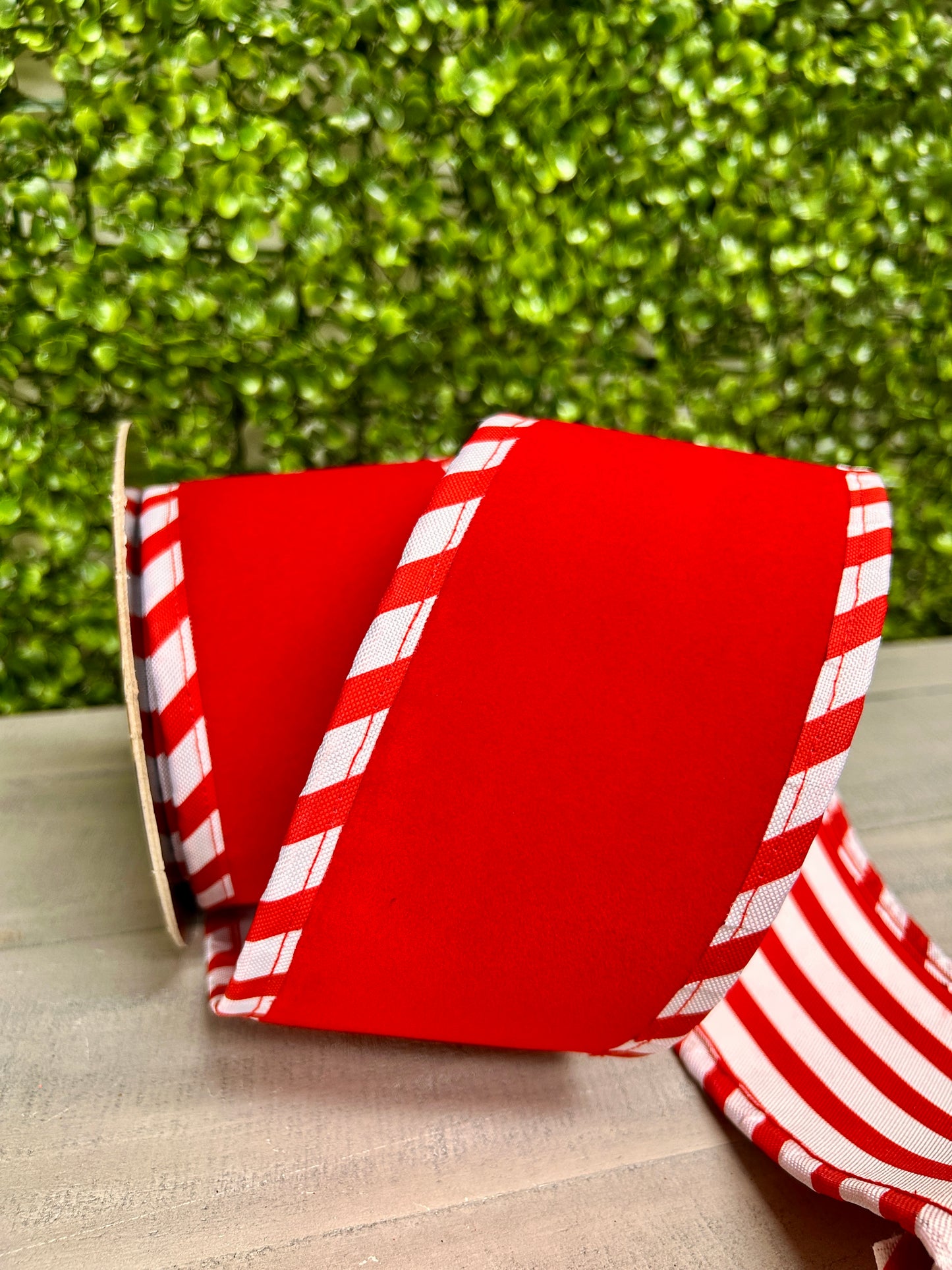 4 Inch By 5 Yard Red Velvet With White Red Cabana Sripe Ribbon