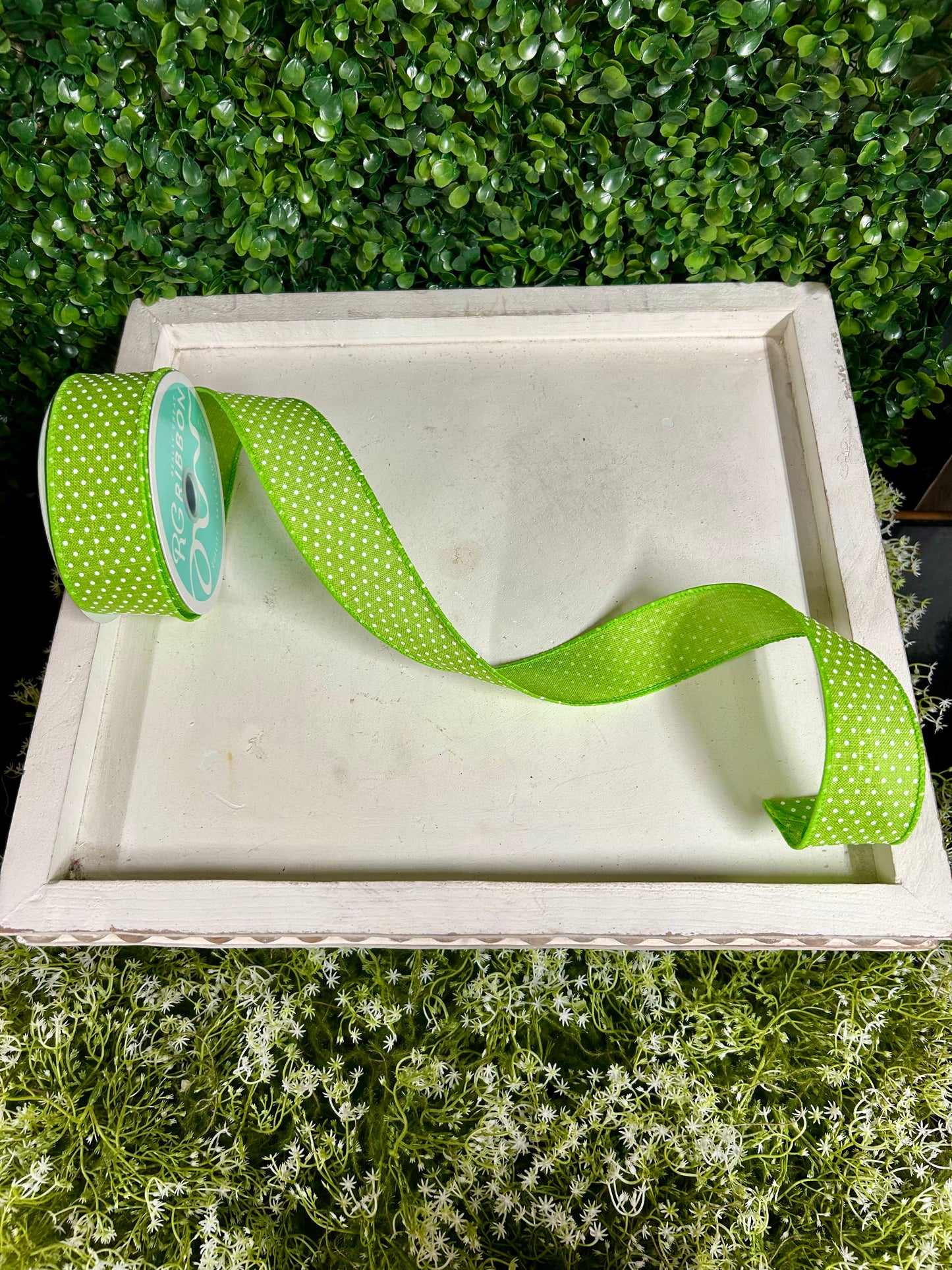 1.5 Inch By 10 Yard Lime Green And White Raised Swiss Dots One Royal Ribbon