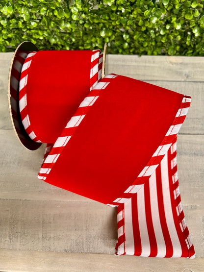 4 Inch By 5 Yard Red Velvet With White Red Cabana Sripe Ribbon