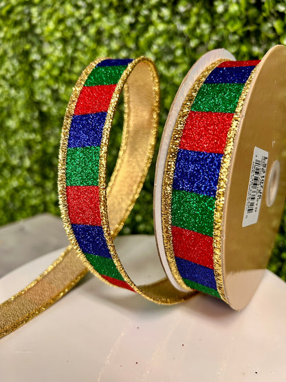 7/8 Inch By 10 Yard Red Emerald And Royal Blue Glitter Striped Fused Ribbon