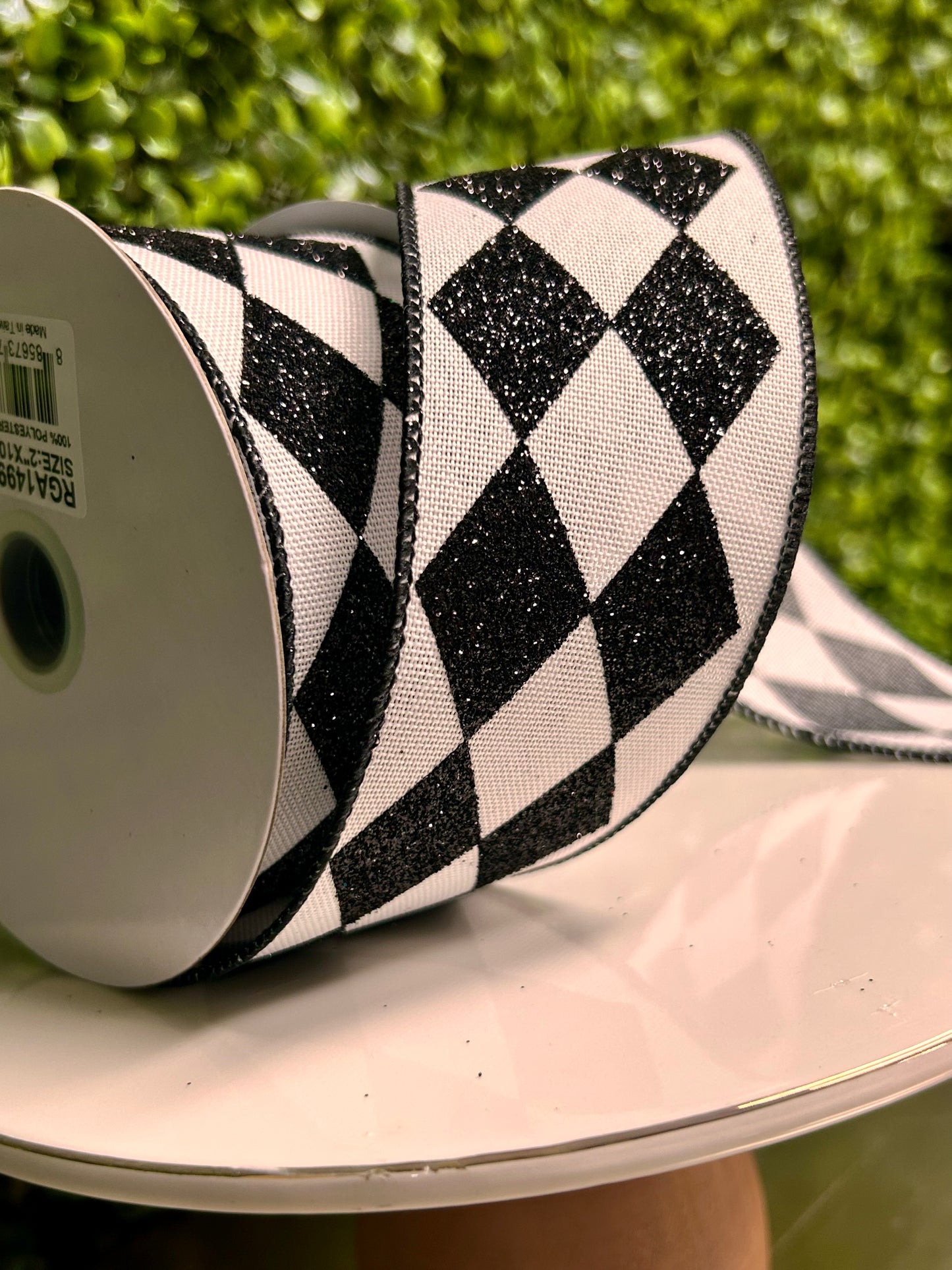 2 Inch By 10 Yard Black And White Glitter Harlequin Glitter Check Ribbon