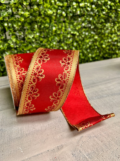 2.5 Inch By 10 Yard Red And Gold Lux Scallop Trim Ribbon