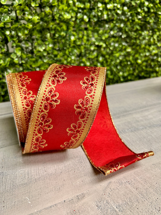 2.5 Inch By 10 Yard Red And Gold Lux Scallop Trim Ribbon