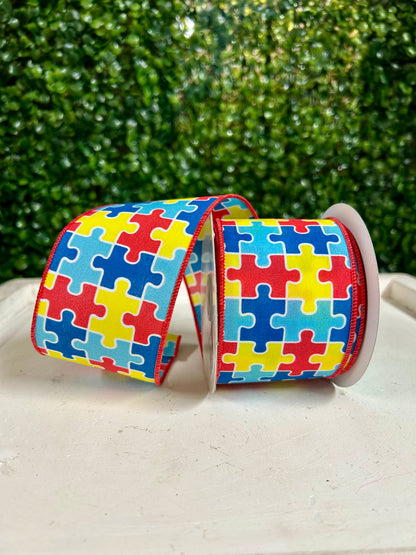 2.5 Inch By 10 Yard Multicolor Puzzle Piece Ribbon