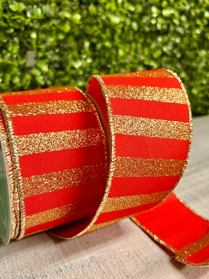 2.5 Inch By 10 Yard Red And Gold Horizontal Glitter Stripes Ribbon
