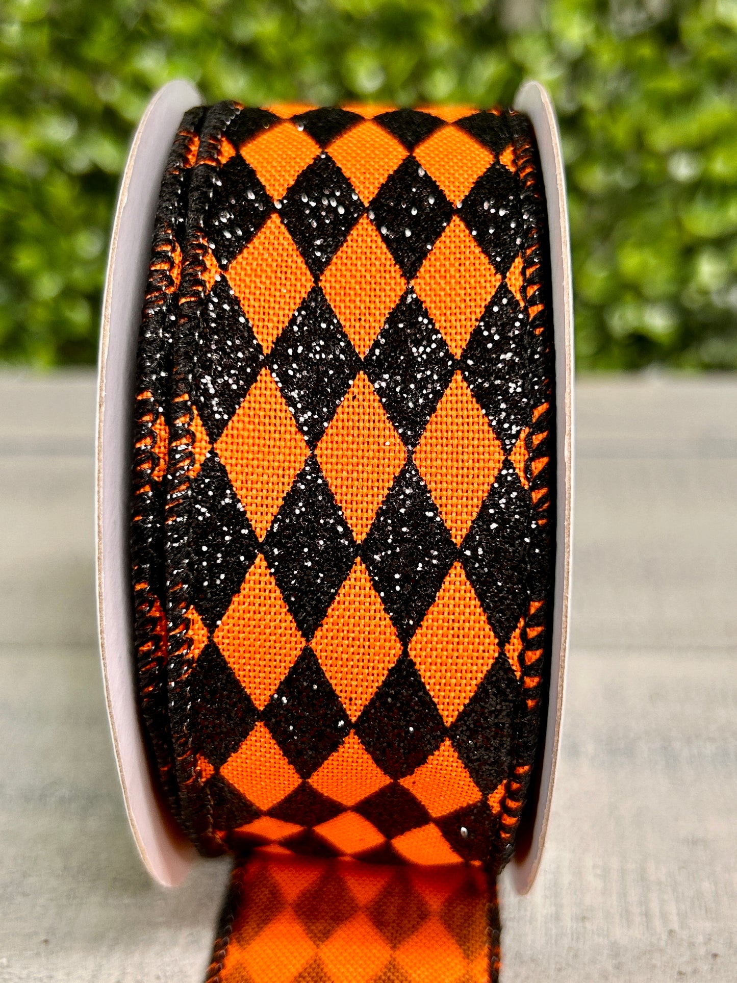 1.5 Inch By 10 Yard Orange And Black Glitter Harlequin Ribbon