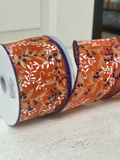 2.5 Inch By 10 Yard Rust Linen With Ivory And Gold Vines And Navy Glitter Berries And Navy Edging Ribbon