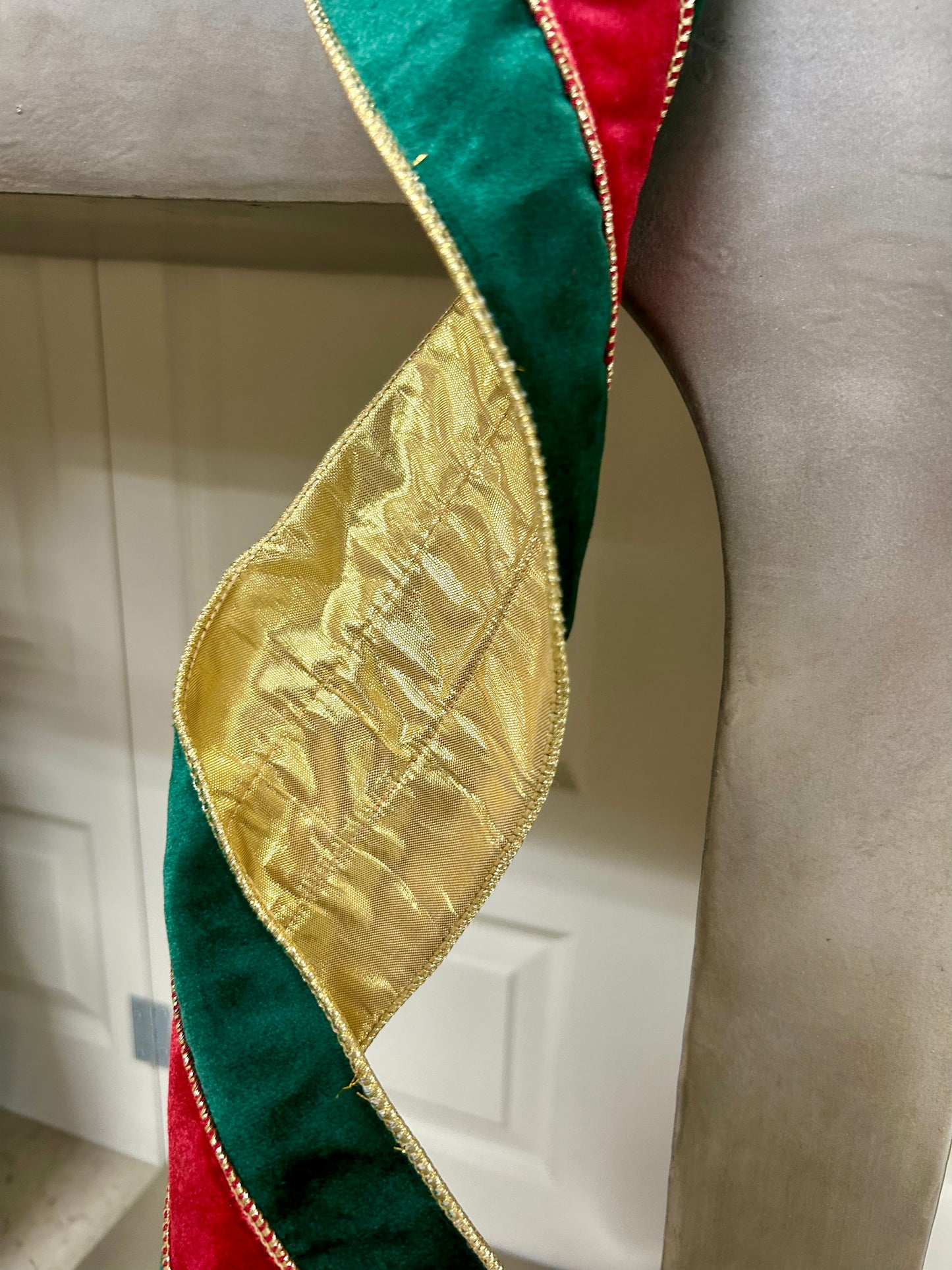 4 Inch By 10 Yard Green Velvet With Red Velvet Center With Gold Edge Ribbon