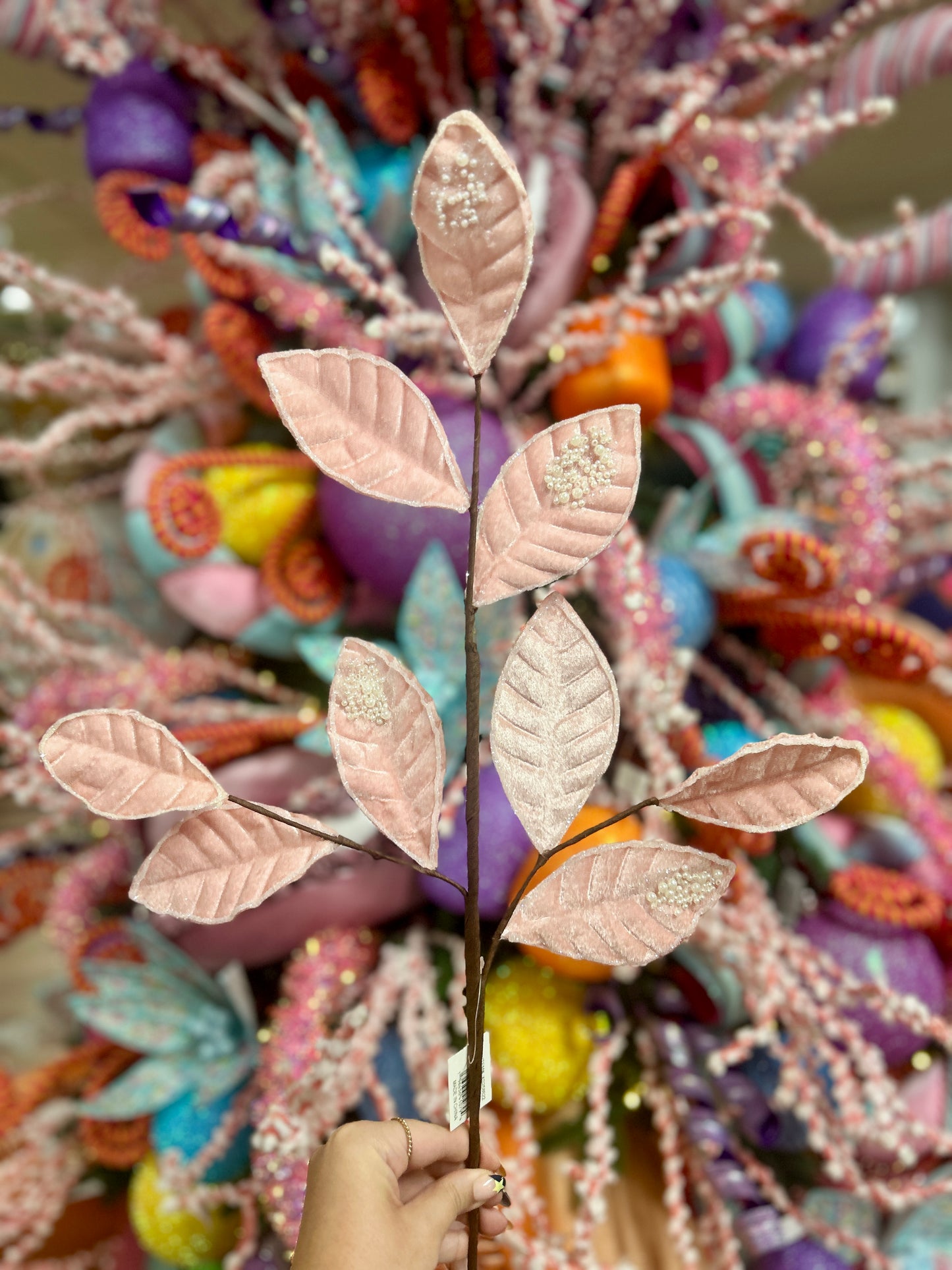 27 Inch Pink Pearl Velvet And Glitter Magnolia Leaf Spray